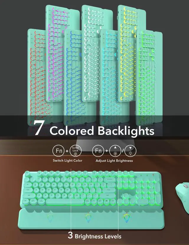 Alt view image 2 of 7 - Wireless Keyboard and Mouse Backlit - Typewriter Keyboard with Magnetic Wrist Rest, Retro Round Keycaps, Light Up Letters, 2.4GHz Cordless Combo for Mac, Windows, PC, Laptop