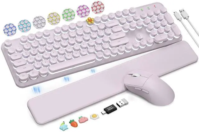 Main image of Wireless Keyboard and Mouse Backlit - Typewriter Keyboard with Magnetic Wrist Rest, Retro Round Keycaps, Light Up Letters, 2.4GHz Cordless Combo for Mac, Windows, PC, Laptop, Dusty Lavender