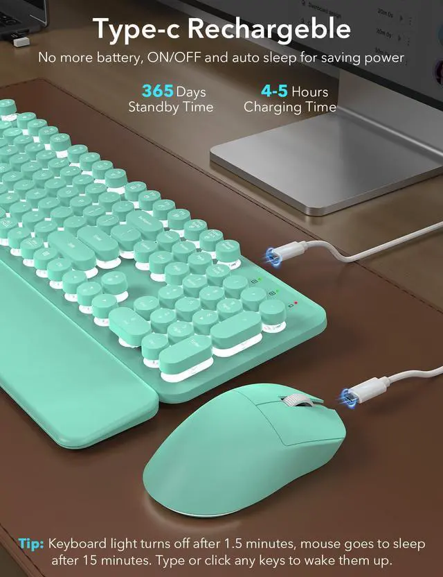 Alt view image 4 of 7 - Wireless Keyboard and Mouse Backlit - Typewriter Keyboard with Magnetic Wrist Rest, Retro Round Keycaps, Light Up Letters, 2.4GHz Cordless Combo for Mac, Windows, PC, Laptop