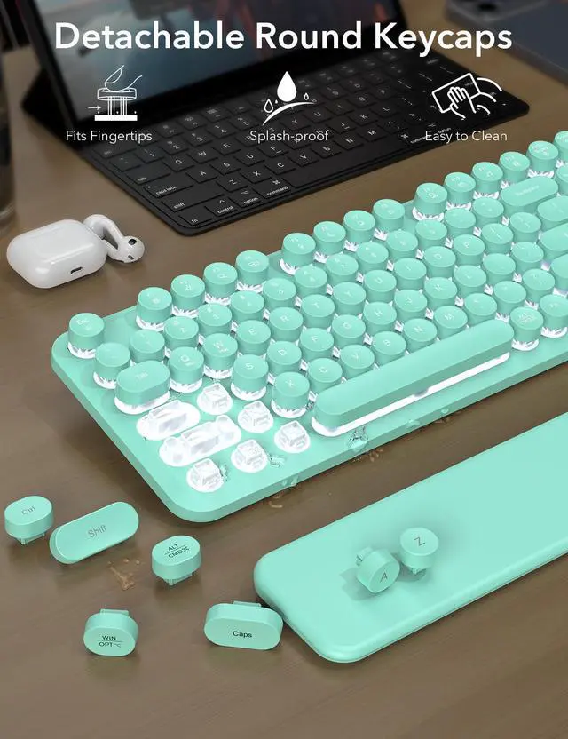 Alt view image 6 of 7 - Wireless Keyboard and Mouse Backlit - Typewriter Keyboard with Magnetic Wrist Rest, Retro Round Keycaps, Light Up Letters, 2.4GHz Cordless Combo for Mac, Windows, PC, Laptop