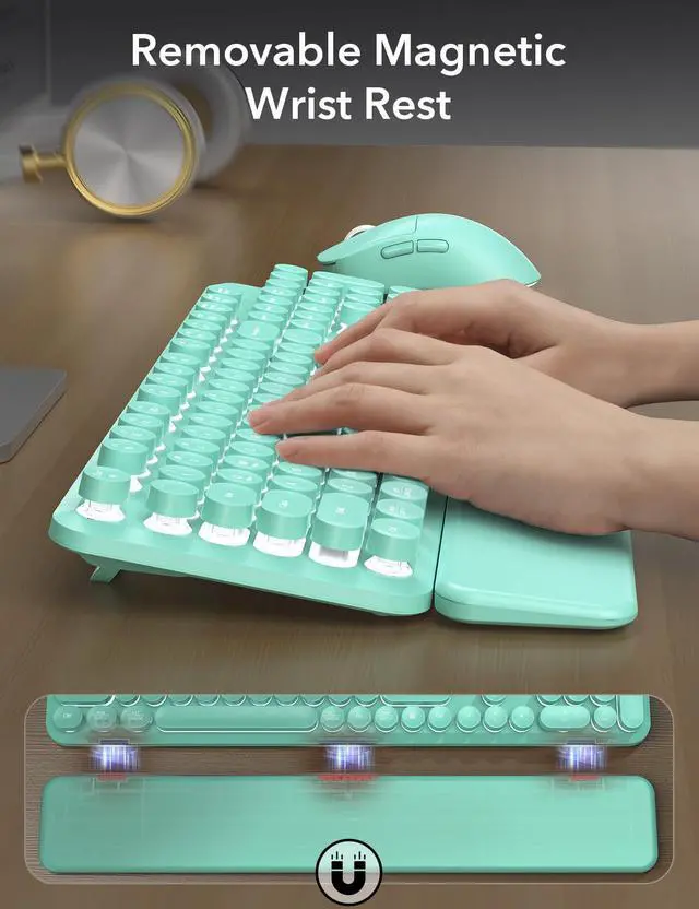 Alt view image 5 of 7 - Wireless Keyboard and Mouse Backlit - Typewriter Keyboard with Magnetic Wrist Rest, Retro Round Keycaps, Light Up Letters, 2.4GHz Cordless Combo for Mac, Windows, PC, Laptop
