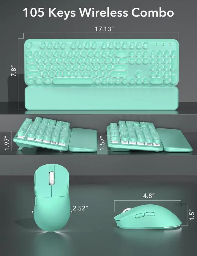 Alt view image 7 of 7 - Wireless Keyboard and Mouse Backlit - Typewriter Keyboard with Magnetic Wrist Rest, Retro Round Keycaps, Light Up Letters, 2.4GHz Cordless Combo for Mac, Windows, PC, Laptop