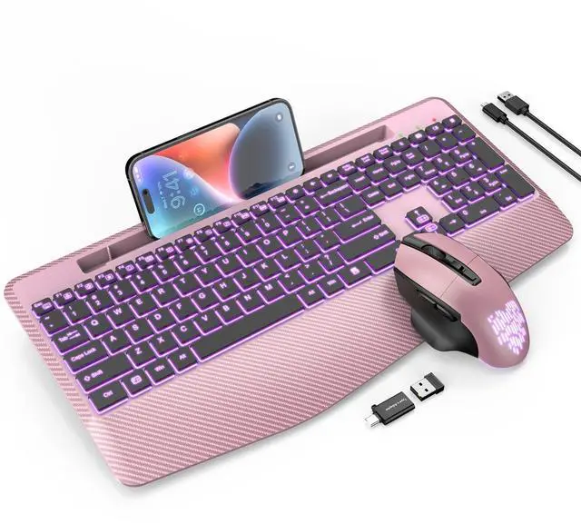 Main image of Wireless Keyboard and Mouse Backlits, Wrist Rest, LED Mouse, Rechargeable Ergonomic Keyboard with Phone Holder, Silent Light Up Combo for Computer, Mac, PC, Laptop, Chromebook (Rose Gold)