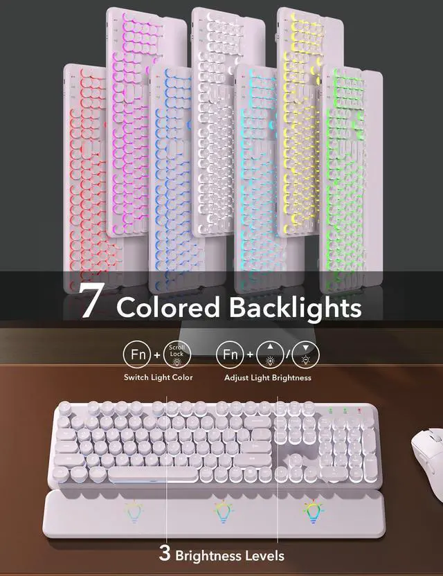 Alt view image 2 of 7 - Wireless Keyboard and Mouse Backlit - Typewriter Keyboard with Magnetic Wrist Rest, Retro Round Keycaps, Light Up Letters, 2.4GHz Cordless Combo for Mac, Windows, PC, Laptop, Dusty Lavender