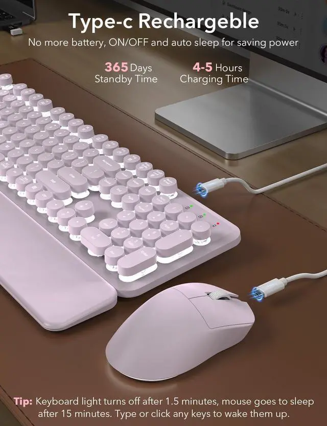 Alt view image 4 of 7 - Wireless Keyboard and Mouse Backlit - Typewriter Keyboard with Magnetic Wrist Rest, Retro Round Keycaps, Light Up Letters, 2.4GHz Cordless Combo for Mac, Windows, PC, Laptop, Dusty Lavender