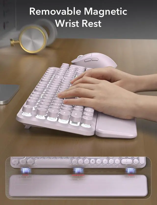 Alt view image 5 of 7 - Wireless Keyboard and Mouse Backlit - Typewriter Keyboard with Magnetic Wrist Rest, Retro Round Keycaps, Light Up Letters, 2.4GHz Cordless Combo for Mac, Windows, PC, Laptop, Dusty Lavender