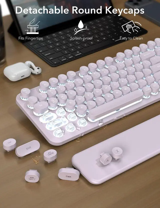 Alt view image 6 of 7 - Wireless Keyboard and Mouse Backlit - Typewriter Keyboard with Magnetic Wrist Rest, Retro Round Keycaps, Light Up Letters, 2.4GHz Cordless Combo for Mac, Windows, PC, Laptop, Dusty Lavender