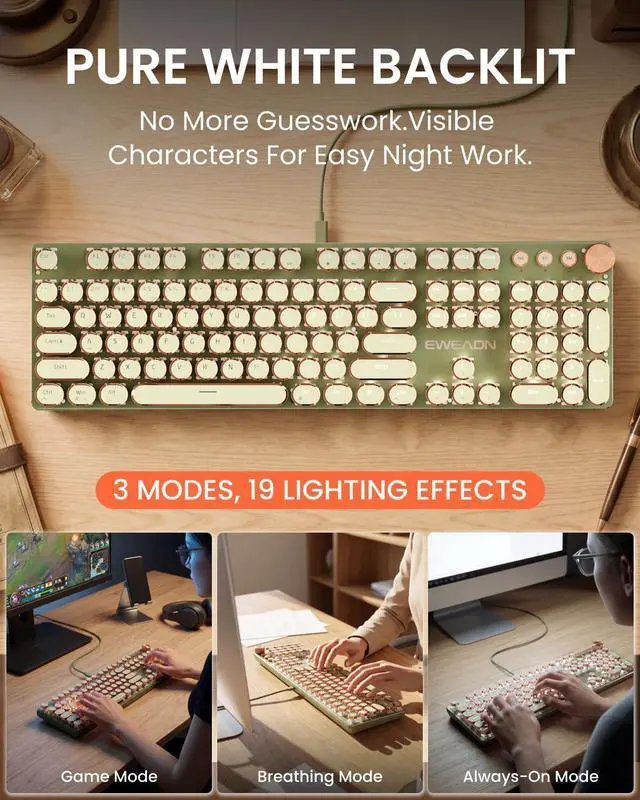 Alt view image 3 of 7 - Wired Typewriter Keyboard and Mouse Combo, Retro Mechanical Keyboard with Multimedia Knob, White Backlit, Metal Panel, Low Noise Pink Switch Keyboard Mouse Set for PC Laptop - Green