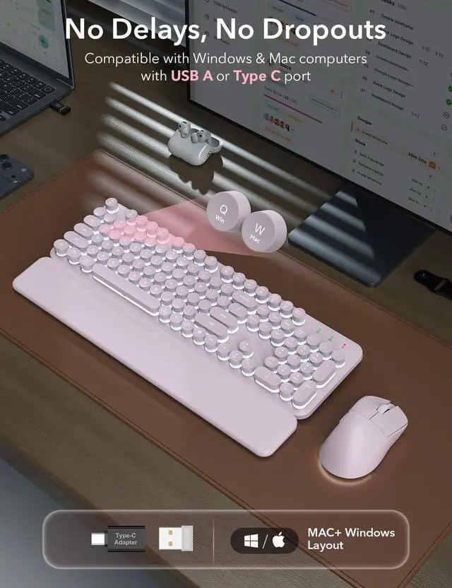 Alt view image 3 of 7 - Wireless Keyboard and Mouse Backlit - Typewriter Keyboard with Magnetic Wrist Rest, Retro Round Keycaps, Light Up Letters, 2.4GHz Cordless Combo for Mac, Windows, PC, Laptop, Dusty Lavender