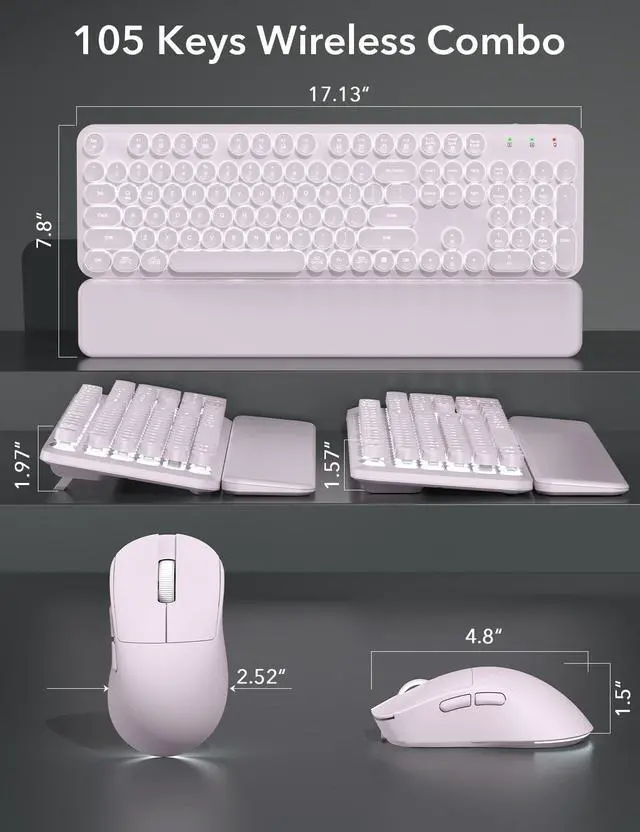 Alt view image 7 of 7 - Wireless Keyboard and Mouse Backlit - Typewriter Keyboard with Magnetic Wrist Rest, Retro Round Keycaps, Light Up Letters, 2.4GHz Cordless Combo for Mac, Windows, PC, Laptop, Dusty Lavender