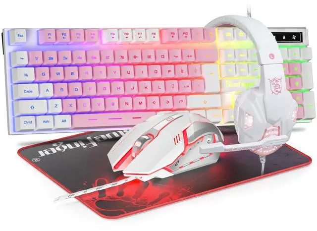 Main image of RGB Gaming Keyboard and Backlit Mouse and Headset Combo, USB Wired Backlit Keyboard, LED Gaming Mouse Set, Headset with Microphone for Laptop PC Computer Game and Work (White & Pink)