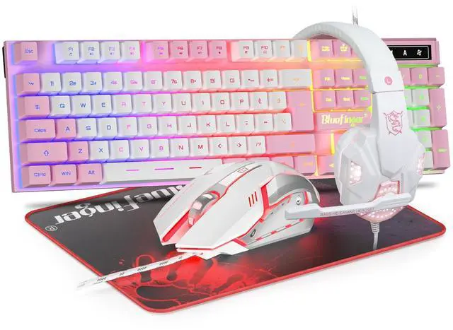 Main image of RGB Gaming Keyboard and Backlit Mouse and Headset Combo, USB Wired Backlit Keyboard, LED Gaming Mouse Set, Headset with Microphone for Laptop PC Computer Game and Work (Pink & White)