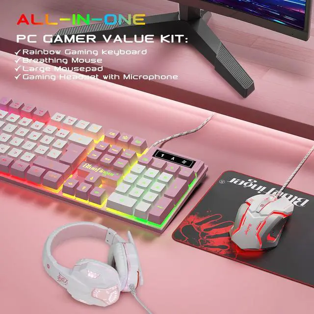 Alt view image 6 of 7 - RGB Gaming Keyboard and Backlit Mouse and Headset Combo, USB Wired Backlit Keyboard, LED Gaming Mouse Set, Headset with Microphone for Laptop PC Computer Game and Work (Pink & White)