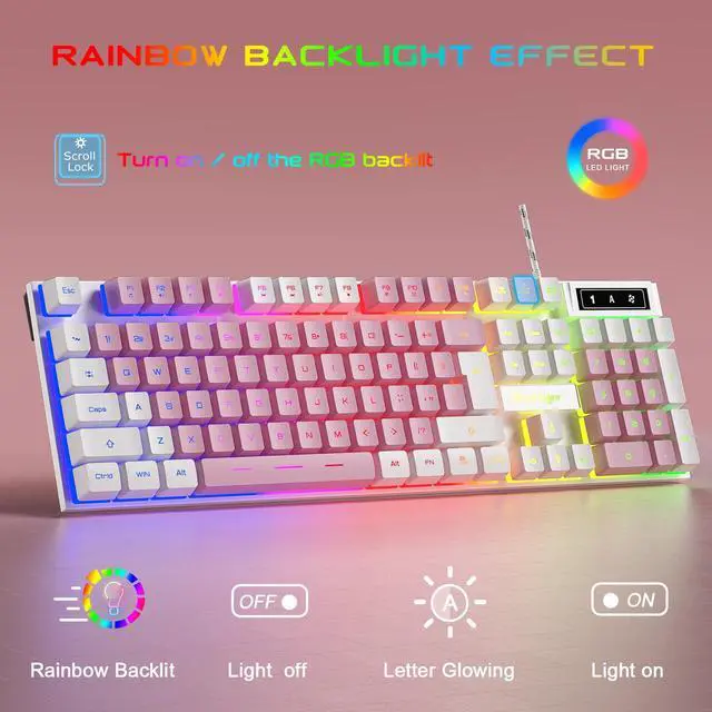 Alt view image 2 of 7 - RGB Gaming Keyboard and Backlit Mouse and Headset Combo, USB Wired Backlit Keyboard, LED Gaming Mouse Set, Headset with Microphone for Laptop PC Computer Game and Work (White & Pink)