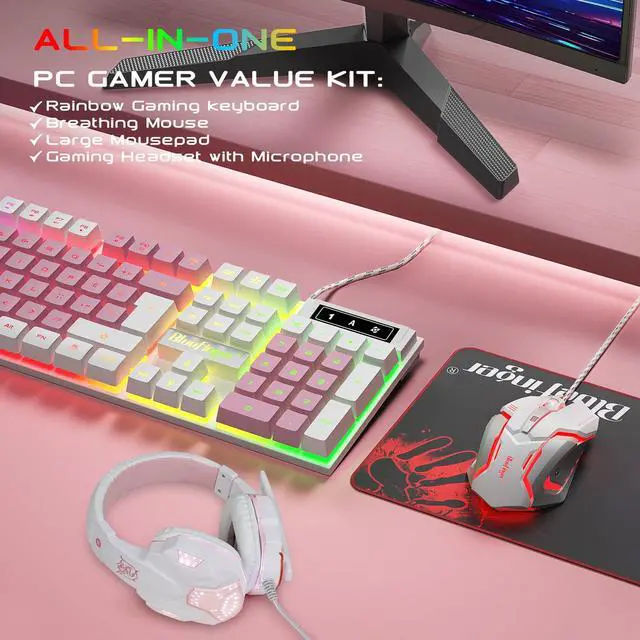 Alt view image 6 of 7 - RGB Gaming Keyboard and Backlit Mouse and Headset Combo, USB Wired Backlit Keyboard, LED Gaming Mouse Set, Headset with Microphone for Laptop PC Computer Game and Work (White & Pink)