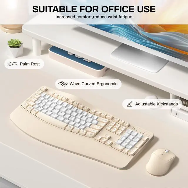 Alt view image 2 of 7 - Ergonomic Wireless Keyboard and Mouse Combo, Wave Keys Keyboard with Wrist Rest for Natural Typing, 3 DPI Adjustable Ergonomic Silent Mouse for Computer/Laptop/Windows/Mac (Latte Color-B)