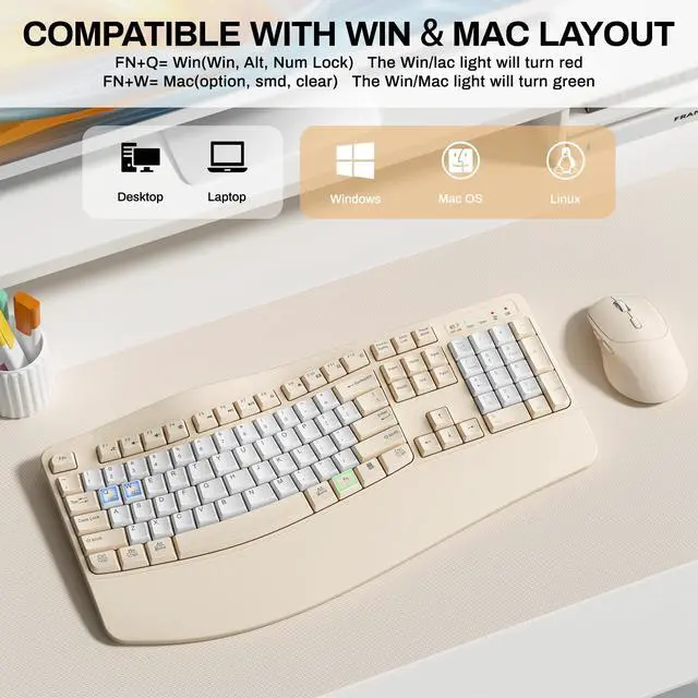 Alt view image 4 of 7 - Ergonomic Wireless Keyboard and Mouse Combo, Wave Keys Keyboard with Wrist Rest for Natural Typing, 3 DPI Adjustable Ergonomic Silent Mouse for Computer/Laptop/Windows/Mac (Latte Color-B)