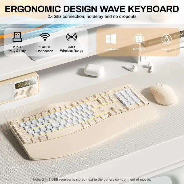 Alt view image 3 of 7 - Ergonomic Wireless Keyboard and Mouse Combo, Wave Keys Keyboard with Wrist Rest for Natural Typing, 3 DPI Adjustable Ergonomic Silent Mouse for Computer/Laptop/Windows/Mac (Latte Color-B)
