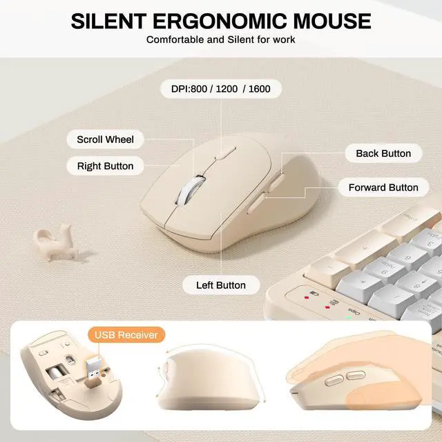 Alt view image 7 of 7 - Ergonomic Wireless Keyboard and Mouse Combo, Wave Keys Keyboard with Wrist Rest for Natural Typing, 3 DPI Adjustable Ergonomic Silent Mouse for Computer/Laptop/Windows/Mac (Latte Color-B)
