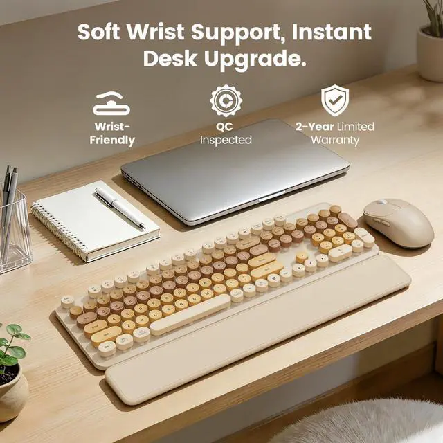 Alt view image 2 of 7 - Wireless Keyboard and Mouse Combo, Magnetic Soft-Touch Wrist Rest, Round Keycaps, Full-Size Retro Typewriter Keyboard, 2-Stage Tilt Legs, Auto Sleep, 2.4GHz Cordless for Windows PC, Beige-Brown Ombre