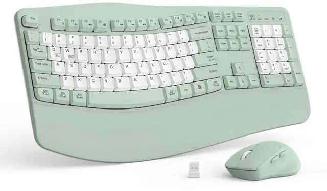 Main image of Wireless Keyboard and Mouse Combo,2.4G Full Size Wave Keys Ergonomic Keyboard with Wrist Rest for Natural Typing, 3 DPI Adjustable Ergonomic Mouse for Computer/Laptop/Windows/Mac (Avocado Green-B)