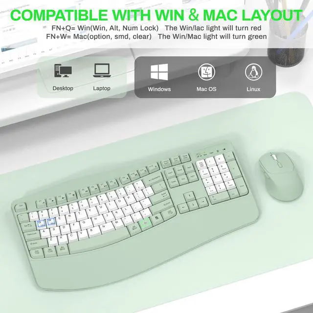 Alt view image 2 of 7 - Wireless Keyboard and Mouse Combo,2.4G Full Size Wave Keys Ergonomic Keyboard with Wrist Rest for Natural Typing, 3 DPI Adjustable Ergonomic Mouse for Computer/Laptop/Windows/Mac (Avocado Green-B)