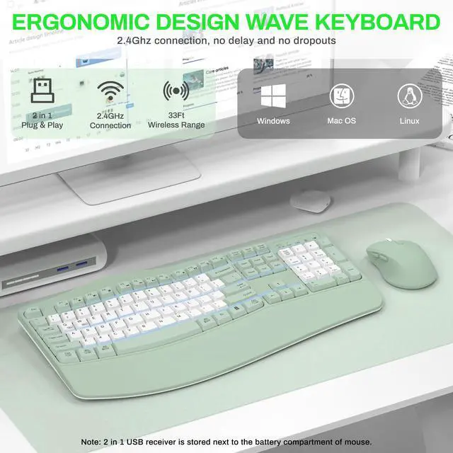 Alt view image 6 of 7 - Wireless Keyboard and Mouse Combo,2.4G Full Size Wave Keys Ergonomic Keyboard with Wrist Rest for Natural Typing, 3 DPI Adjustable Ergonomic Mouse for Computer/Laptop/Windows/Mac (Avocado Green-B)