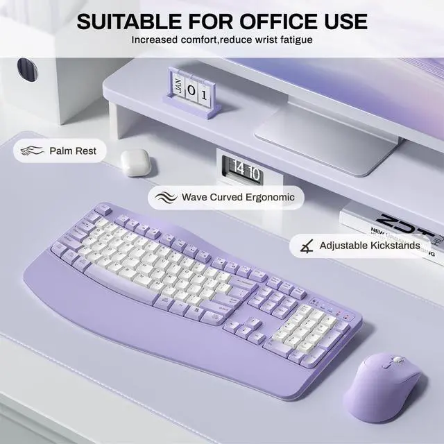 Alt view image 2 of 7 - Wireless Keyboard and Mouse Combo,2.4G Full Size Wave Keys Ergonomic Keyboard with Wrist Rest for Natural Typing, 3 DPI Adjustable Ergonomic Mouse for Computer/Laptop/Windows/Mac (Purple & White-B)