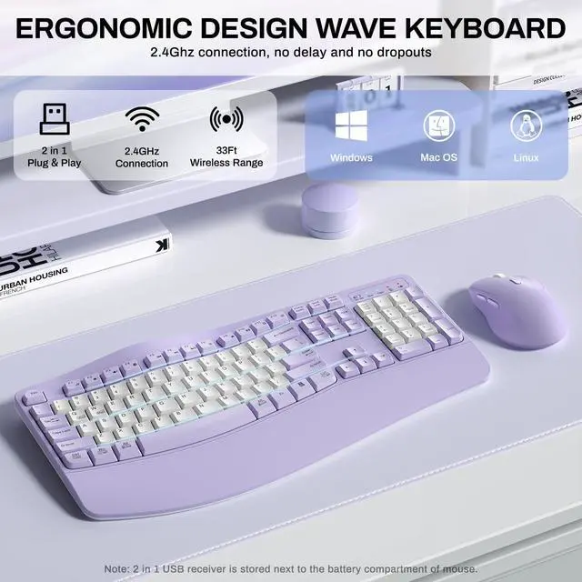 Alt view image 3 of 7 - Wireless Keyboard and Mouse Combo,2.4G Full Size Wave Keys Ergonomic Keyboard with Wrist Rest for Natural Typing, 3 DPI Adjustable Ergonomic Mouse for Computer/Laptop/Windows/Mac (Purple & White-B)