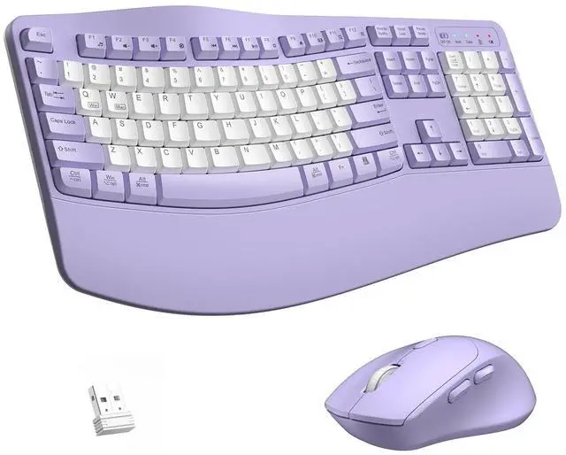 Main image of Wireless Keyboard and Mouse Combo,2.4G Full Size Wave Keys Ergonomic Keyboard with Wrist Rest for Natural Typing, 3 DPI Adjustable Ergonomic Mouse for Computer/Laptop/Windows/Mac (Purple & White-B)