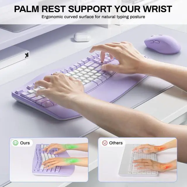 Alt view image 4 of 7 - Wireless Keyboard and Mouse Combo,2.4G Full Size Wave Keys Ergonomic Keyboard with Wrist Rest for Natural Typing, 3 DPI Adjustable Ergonomic Mouse for Computer/Laptop/Windows/Mac (Purple & White-B)