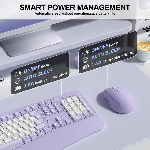 Alt view image 6 of 7 - Wireless Keyboard and Mouse Combo,2.4G Full Size Wave Keys Ergonomic Keyboard with Wrist Rest for Natural Typing, 3 DPI Adjustable Ergonomic Mouse for Computer/Laptop/Windows/Mac (Purple & White-B)