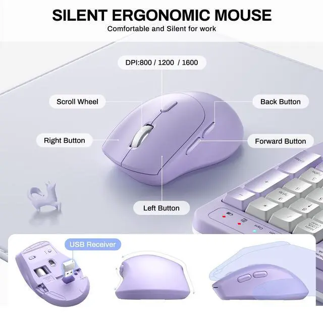 Alt view image 7 of 7 - Wireless Keyboard and Mouse Combo,2.4G Full Size Wave Keys Ergonomic Keyboard with Wrist Rest for Natural Typing, 3 DPI Adjustable Ergonomic Mouse for Computer/Laptop/Windows/Mac (Purple & White-B)
