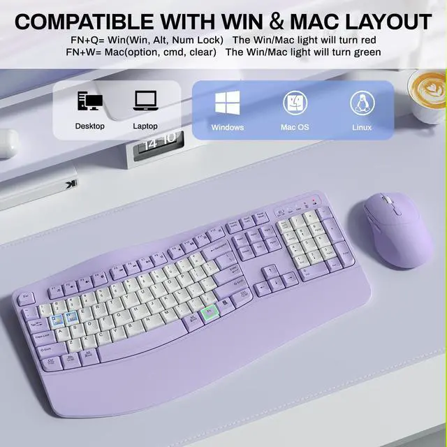 Alt view image 5 of 7 - Wireless Keyboard and Mouse Combo,2.4G Full Size Wave Keys Ergonomic Keyboard with Wrist Rest for Natural Typing, 3 DPI Adjustable Ergonomic Mouse for Computer/Laptop/Windows/Mac (Purple & White-B)