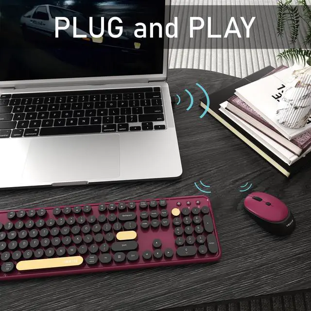 Alt view image 3 of 6 - Colorful Wireless Computer Keyboards Mouse Combos, Polychrome Round Keycaps Retro PC Keyboards 2.4GHz Radio Frequency Connection with Optical Mouse(Black Claret)