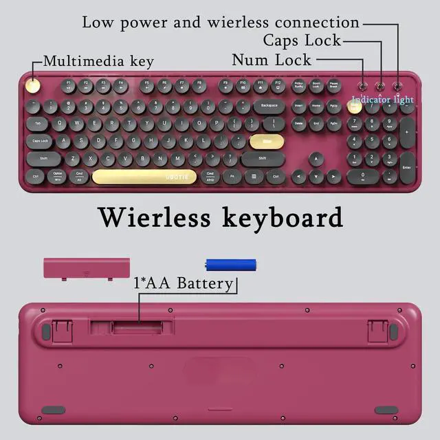 Alt view image 6 of 6 - Colorful Wireless Computer Keyboards Mouse Combos, Polychrome Round Keycaps Retro PC Keyboards 2.4GHz Radio Frequency Connection with Optical Mouse(Black Claret)