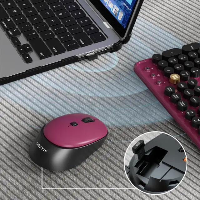 Alt view image 4 of 6 - Colorful Wireless Computer Keyboards Mouse Combos, Polychrome Round Keycaps Retro PC Keyboards 2.4GHz Radio Frequency Connection with Optical Mouse(Black Claret)