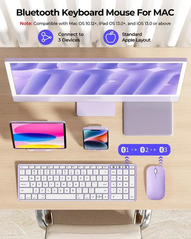 Alt view image 2 of 7 - Bluetooth Keyboard and Mouse Combo for Mac, SKM64-2 Rechargeable Silent Wireless Keyboard Mouse Compact Slim, 3 Multi-Device Connection, Compatible for Mac MacBook Pro/Air iPad, White Purple