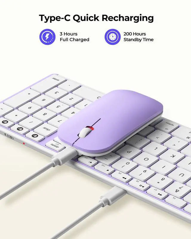 Alt view image 3 of 7 - Bluetooth Keyboard and Mouse Combo for Mac, SKM64-2 Rechargeable Silent Wireless Keyboard Mouse Compact Slim, 3 Multi-Device Connection, Compatible for Mac MacBook Pro/Air iPad, White Purple
