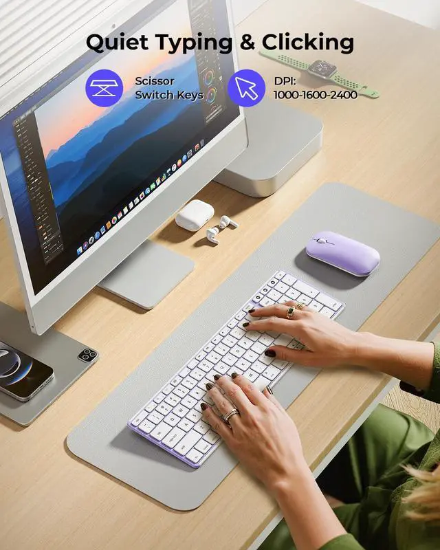 Alt view image 4 of 7 - Bluetooth Keyboard and Mouse Combo for Mac, SKM64-2 Rechargeable Silent Wireless Keyboard Mouse Compact Slim, 3 Multi-Device Connection, Compatible for Mac MacBook Pro/Air iPad, White Purple