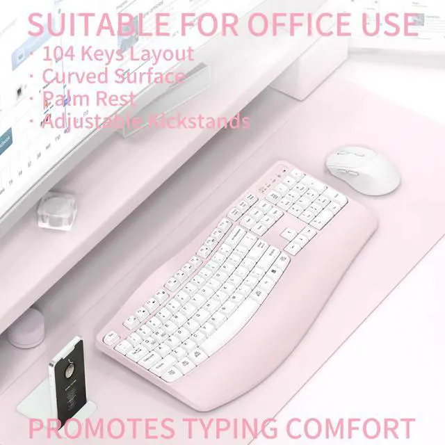Alt view image 2 of 7 - Ergonomic Wireless Keyboard and Mouse Combo, Wave Keys Keyboard with Wrist Rest for Natural Typing, 3 DPI Adjustable Ergonomic Silent Mouse for Computer/Laptop/Windows/Mac (Pink)