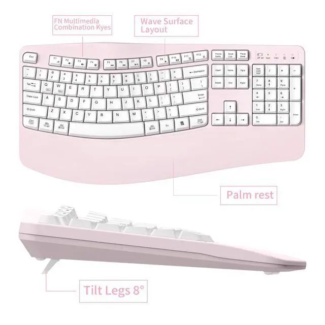 Alt view image 6 of 7 - Ergonomic Wireless Keyboard and Mouse Combo, Wave Keys Keyboard with Wrist Rest for Natural Typing, 3 DPI Adjustable Ergonomic Silent Mouse for Computer/Laptop/Windows/Mac (Pink)