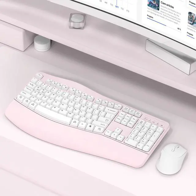 Alt view image 7 of 7 - Ergonomic Wireless Keyboard and Mouse Combo, Wave Keys Keyboard with Wrist Rest for Natural Typing, 3 DPI Adjustable Ergonomic Silent Mouse for Computer/Laptop/Windows/Mac (Pink)