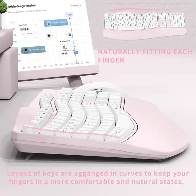 Alt view image 4 of 7 - Ergonomic Wireless Keyboard and Mouse Combo, Wave Keys Keyboard with Wrist Rest for Natural Typing, 3 DPI Adjustable Ergonomic Silent Mouse for Computer/Laptop/Windows/Mac (Pink)