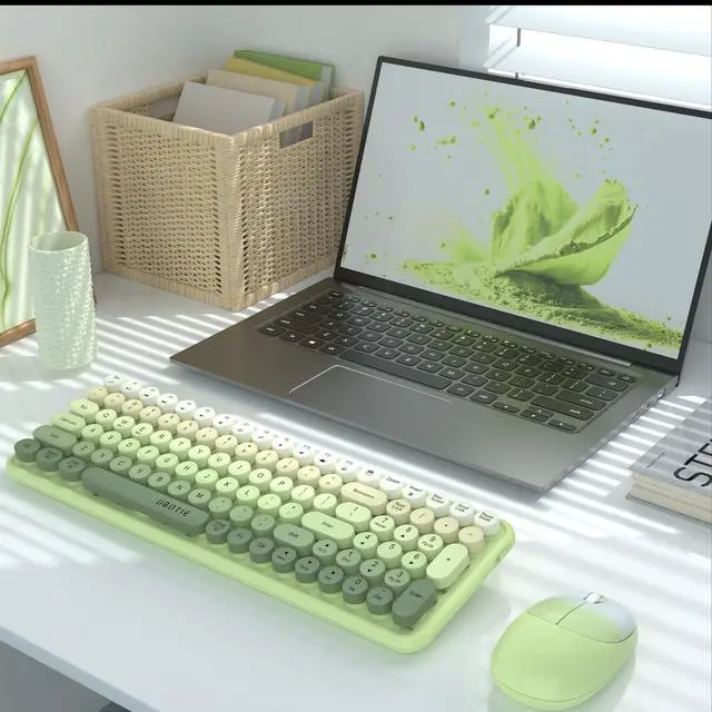 Alt view image 2 of 6 - Wireless Keyboards and Mouse Combos, Colorful Gradient Rainbow Colored Retro Typewriter Flexible Keyboard, 2.4GHz Connection and Optical Mouse(Green Gradient)