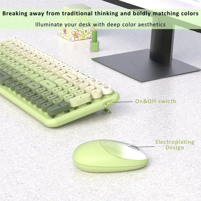 Alt view image 4 of 6 - Wireless Keyboards and Mouse Combos, Colorful Gradient Rainbow Colored Retro Typewriter Flexible Keyboard, 2.4GHz Connection and Optical Mouse(Green Gradient)