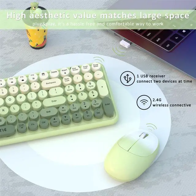 Alt view image 5 of 6 - Wireless Keyboards and Mouse Combos, Colorful Gradient Rainbow Colored Retro Typewriter Flexible Keyboard, 2.4GHz Connection and Optical Mouse(Green Gradient)