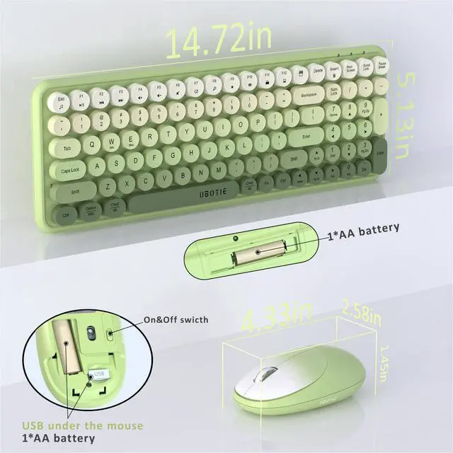 Alt view image 6 of 6 - Wireless Keyboards and Mouse Combos, Colorful Gradient Rainbow Colored Retro Typewriter Flexible Keyboard, 2.4GHz Connection and Optical Mouse(Green Gradient)