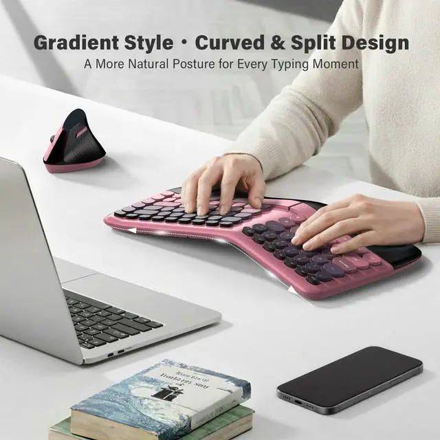 Alt view image 2 of 7 - Wireless Ergonomic Keyboard & Mouse Combo Split Curved Keyboard with Wrist Rest (All-Day Comfort) + Wireless Vertical Ergonomic Optical Mouse, Compatible with PC/Laptop/Desktop- Pink Gradient