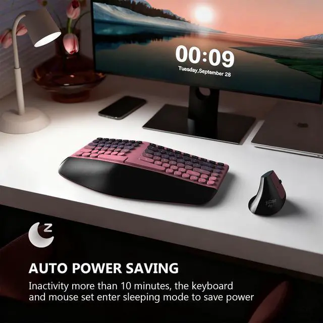 Alt view image 6 of 7 - Wireless Ergonomic Keyboard & Mouse Combo Split Curved Keyboard with Wrist Rest (All-Day Comfort) + Wireless Vertical Ergonomic Optical Mouse, Compatible with PC/Laptop/Desktop- Pink Gradient